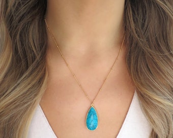 Gold Turquoise Necklace Gold, Teardrop Turquoise Necklace for Women, Dainty Turquoise Pendant, Turquoise Jewelry, December Birthstone Gift