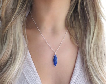 Silver Lapis Necklace, Dainty Lapis Lazuli Necklace, Framed Lapis Pendant, Blue Lapis Lazuli Pendant, Large Lapis Pendant, Lapis Gift