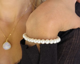 White Pearl Bracelet for Wedding, White Freshwater Pearl Elastic Bracelet, Pearl Wedding Bracelet, Pearl Bracelet for Women, Dainty Pearl