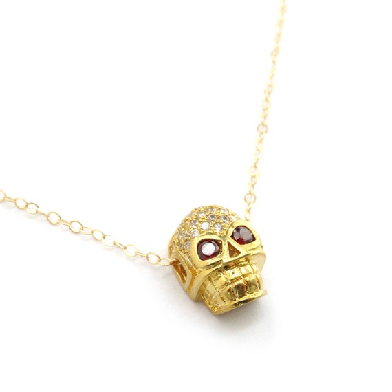 Gold Pave Skull Charm Necklace