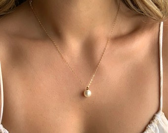 Collar de perlas de oro, colgante de perlas pequeñas, regalo de perlas, perla única, perla simple, collar de boda, collar de dama de honor, joyería de perlas