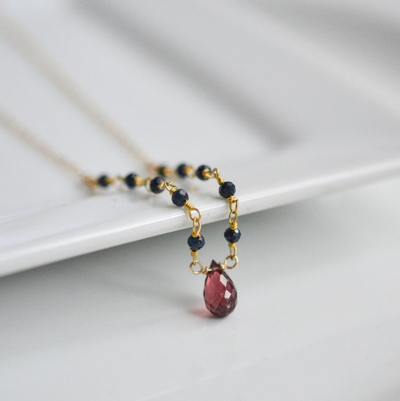 Gold Garnet Necklace Gold Tiny Garnet Pendant Gold Teardrop Garnet Jewelry Garnet and Sapphire Necklace Sapphire Chain Necklace Etsy Australia