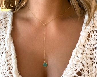 Zarte Y Halskette Gold, blau Y Halskette, Sexy Y Halskette, zierliche Y Halskette, zierliche Goldkette, Aqua Chalcedon Anhänger, Geschenk für Sie