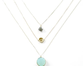 Blue Chalcedony Layer Necklace, Gold Coin Layer Necklace, Gold Layer Necklace, Crystal pendant, Gift for her, 14k gold jewelry, blue pendant