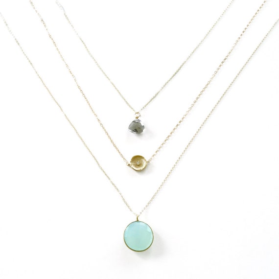 Mint Blue Chalcedony, Crystal Pendant, and Gold Coin Layer Necklace