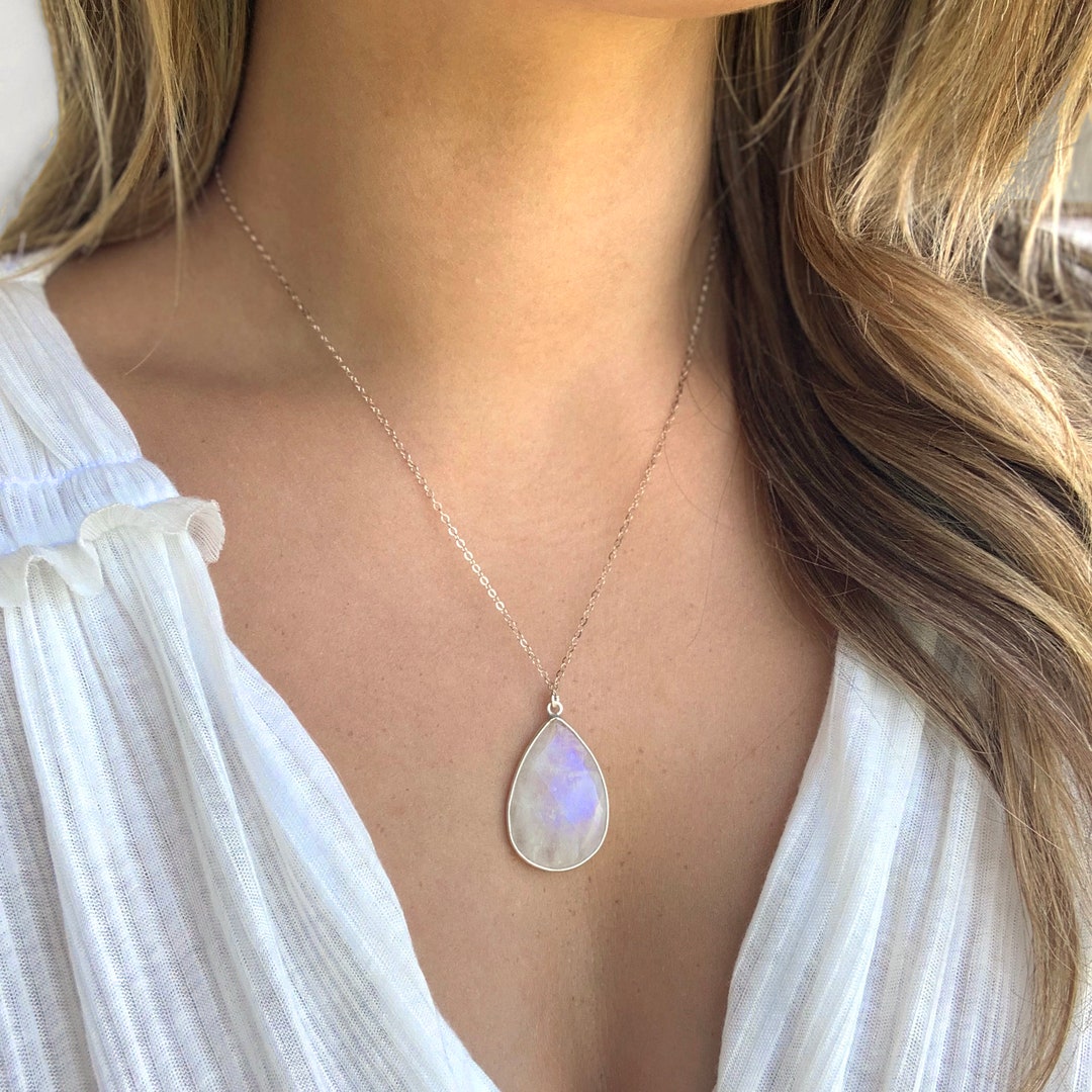 Large Silver Moonstone Pendant, Rainbow Moonstone Necklace, Moonstone Teardrop Pendant