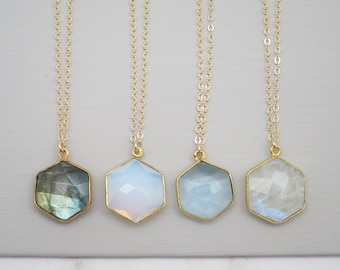 Hexagon Necklace, Hexagon Gemstone Necklace, Labradorite Hexagon, Opalite Hexagon, Aquamarine Hexagon, Moonstone Hexagon, Hexagon Pendant