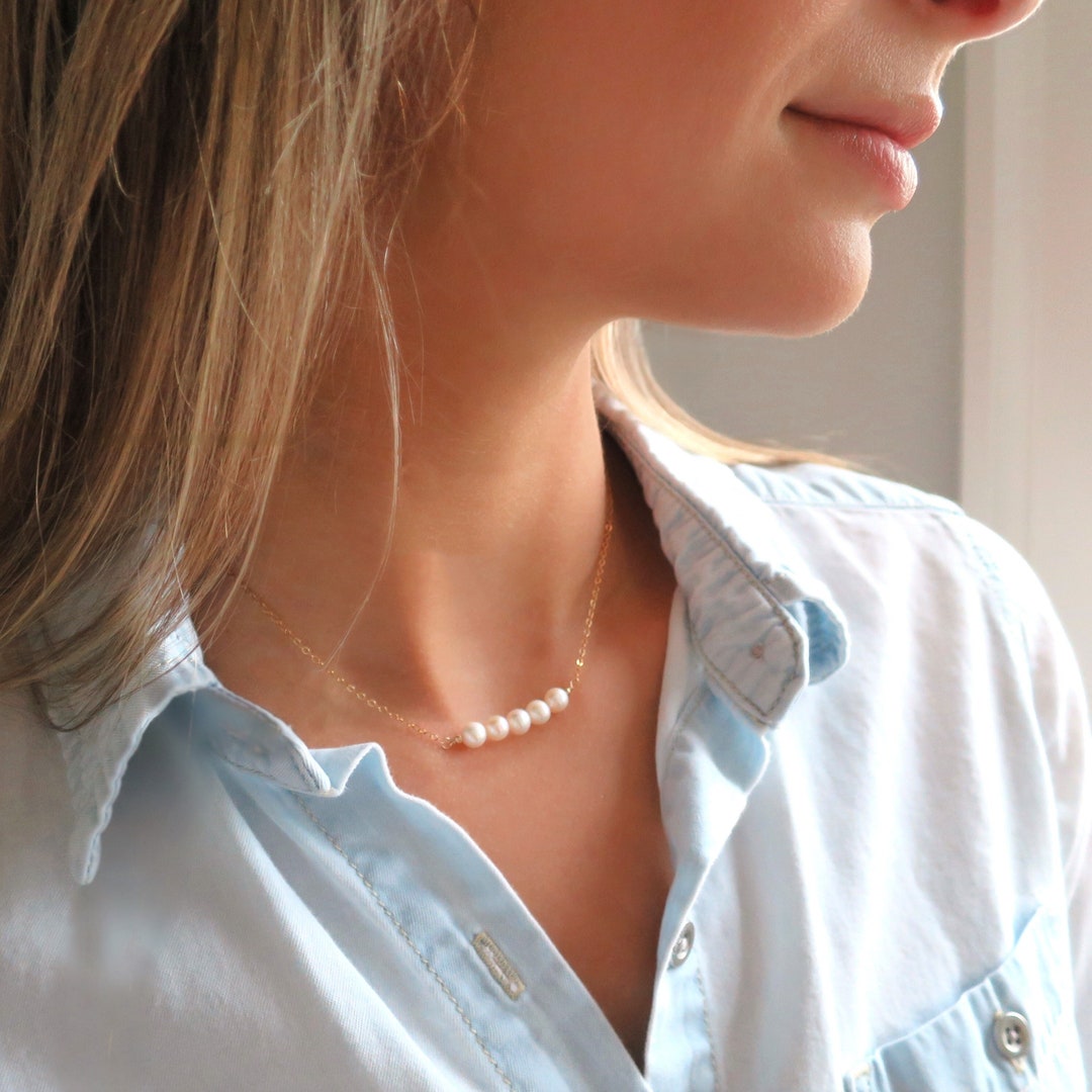 Gold Pearl Necklace, Five Pearl Bar Necklace Gold Filled, Pearl Necklace for Women, Dainty Pearl ...