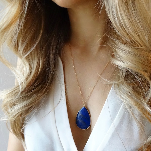 Large Lapis Pendant, Lapis Necklace, Lapis Teardrop Pendant, Lapis Jewelry, 14k Gold Filled Chain, Dainty Necklace, Sapphire Necklace