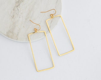 Large Gold Earrings, Hammered Gold Rectangle Earrings, Gold Large Earrings, Thin Gold Dangle Earrings, Hammered Earrings
