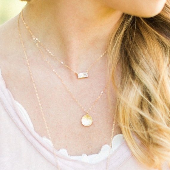 Emerald Cut Diamond + Gold Coin Layer Necklace