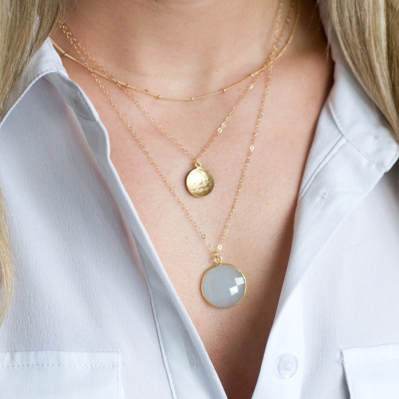 Layered Necklace Set, Layering Necklaces, Gold Name Necklace, Disc
