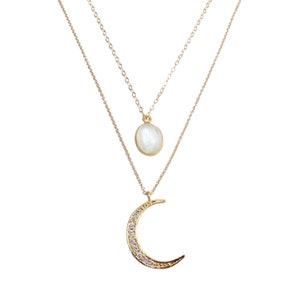 Lunar Necklace, Rainbow Moonstone Necklace, Crescent Moon Necklace, Gold Moon, Gold Layer Necklace, Dainty Necklace, Celestial Necklace
