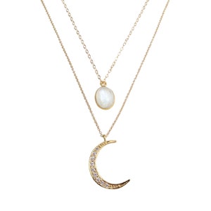 Collana Luna Mezzaluna d'Oro Pavé, Ciondolo Luna Oro, Collana Luna CZ Oro, Luna Pave, Mezza Luna, Luna Sottile, Collana Luna Delicata per Donna immagine 2