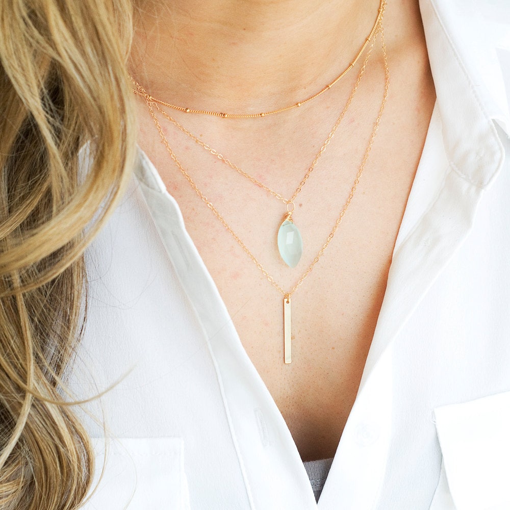 Gold Layer Necklace Mint Blue Chalcedony Necklace Satellite Etsy