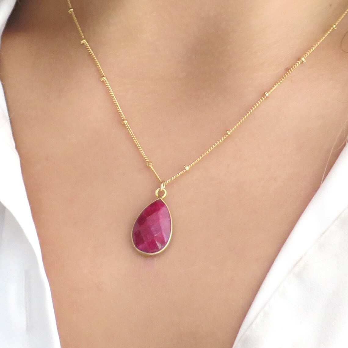 Gold Ruby Necklace Dainty Ruby Teardrop Necklace Simple Ruby Etsy