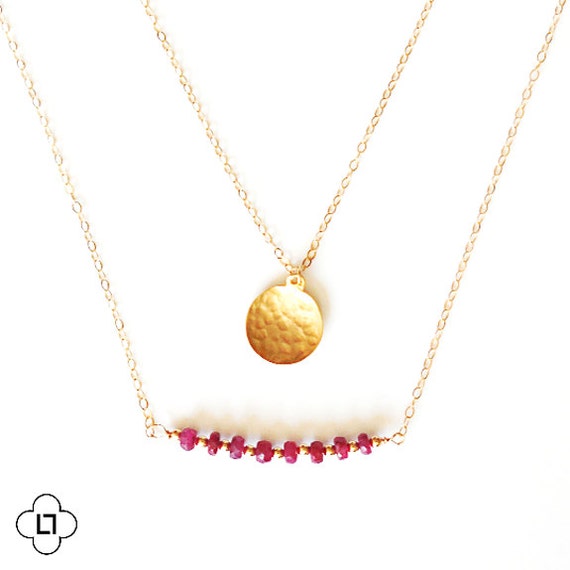 Delicate Hammered Gold Coin and Ruby Bar Layer Necklace