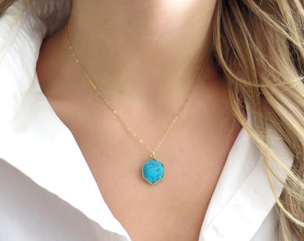 Gold Turquoise Necklace Gold, Turquoise Hexagon Necklace, Turquoise Pendant Gold, Framed Turquoise Jewelry for Women, Necklace for Women