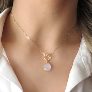 Toggle Necklace Gold Moonstone, Moonstone Necklace Toggle Clasp Gold, Gold Paperclip Necklace, Dainty Paperclip Chain Gold Filled 14k