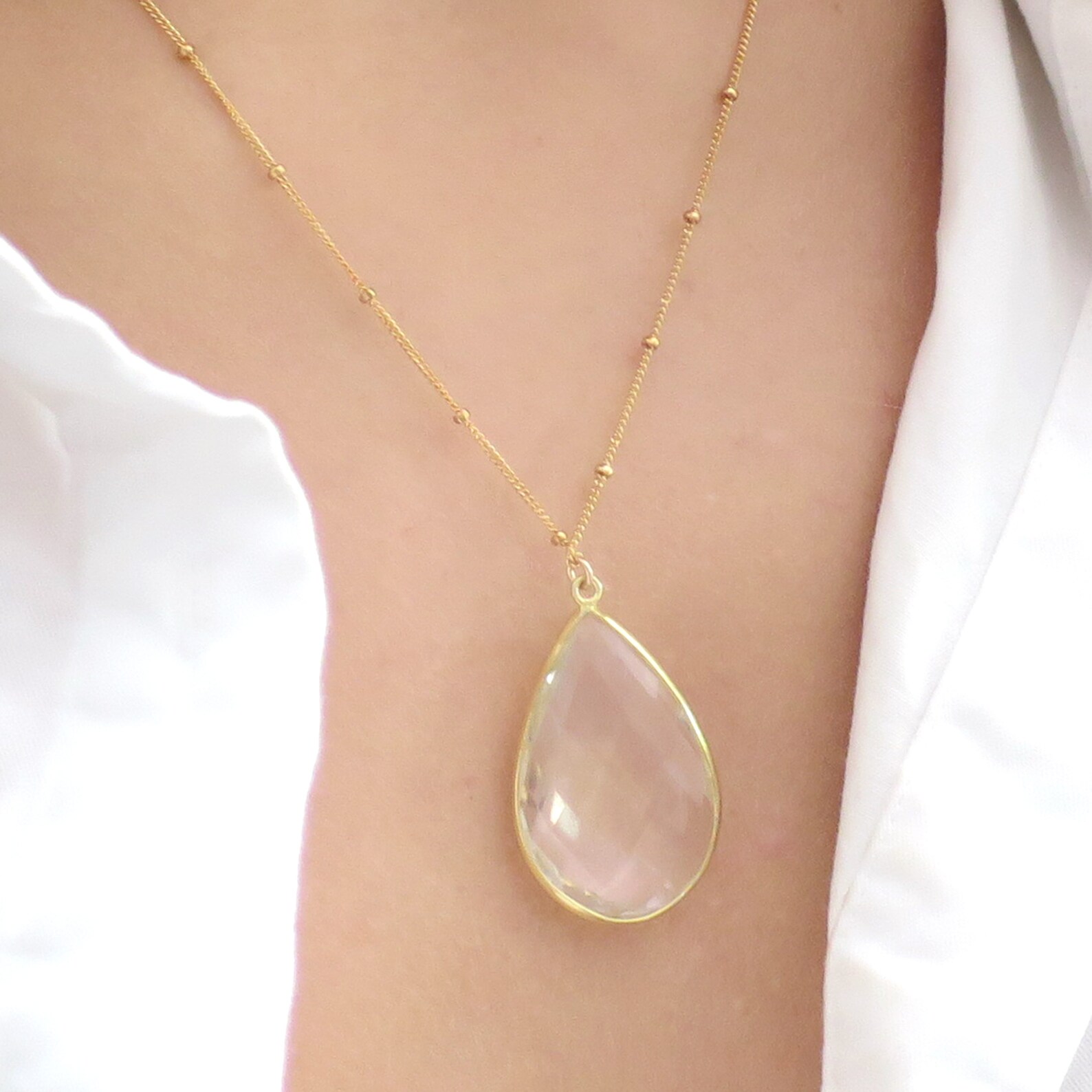 Clear Quartz Necklace Clear Quartz Teardrop Long Gold Etsy