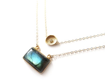 Gold Labradorite Necklace, Rectangle Labradorite, Delicate Gold Necklace, 14k Gold Fill Chain, Labradorite Pendant, Gemstone Necklace