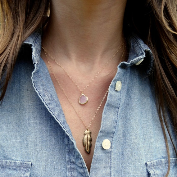 Pink Pendant + Gold Feather Layer Necklace