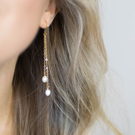 Silver Extra Long Drop Pearl Earrings | Under the Rose