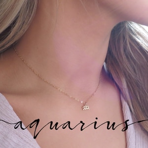 May include: A gold chain necklace with a small gold pendant featuring the astrological symbol for Aquarius. The word "aquarius" is written in cursive below the necklace.