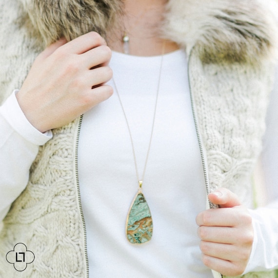 Long Turquoise African Opal Jasper Necklace