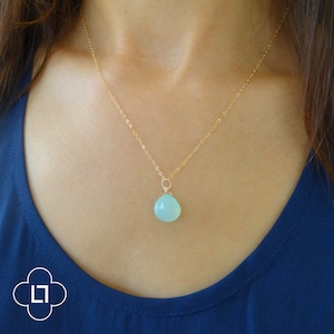 Blue Chalcedony Necklace, Blue Pendant, Gold Wire Wrapped, Bright Blue Jewelry, Gemstone Necklace, Gold Filled Necklace, Bridesmaid Gift,