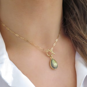 Toggle Necklace Gold Labradorite, Labradorite Necklace Paperclip Chain, Gold Toggle Clasp Necklace, Dainty Paperclip Chain Gold Filled 14k