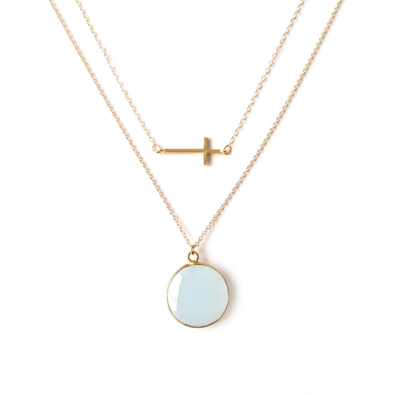 14k Gold Filled Chain BGold Layer Necklace lue Necklace Sideways Cross Necklace Something Blue Light Blue Chalcedony Necklace