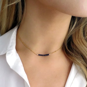 Dainty Sapphire Bar Necklace, Tiny Sapphire Necklace, Sapphire Gift, Sapphire Pendant, Sapphire Jewelry, September Jewelry, Sapphire Bead