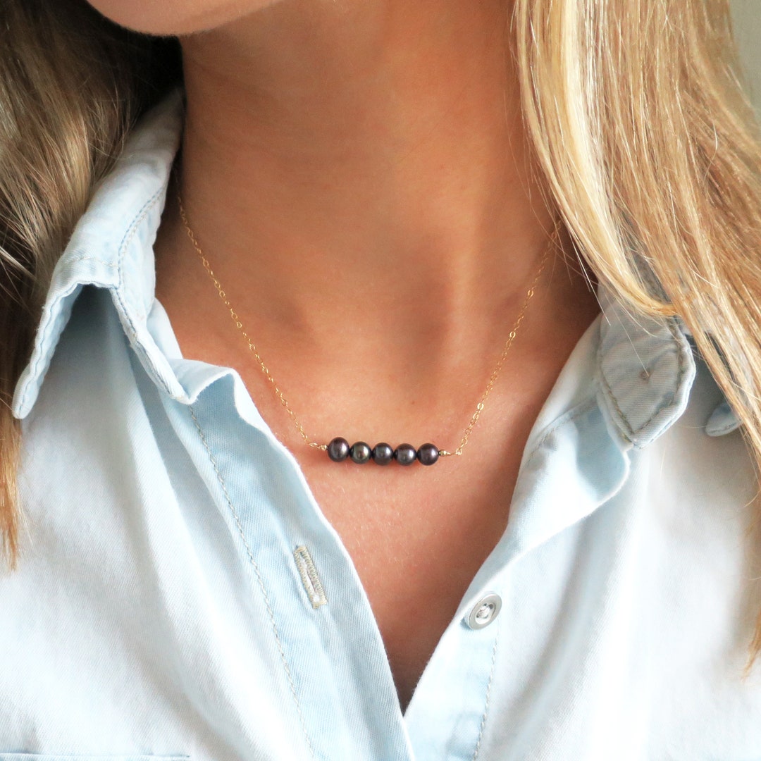Black Pearl Necklace Gold, Five Pearl Bar Necklace Gold Filled, Pearl ...