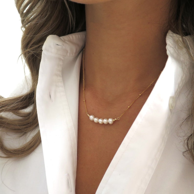 Silver Pearl Necklace Five Pearl Bar Necklace Silver Pearl Etsy