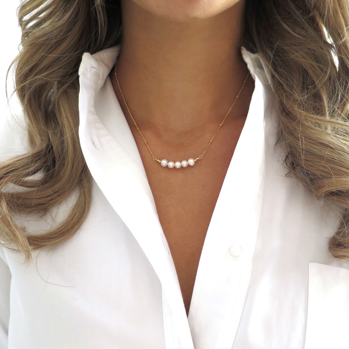 Silver Pearl Necklace Five Pearl Bar Necklace Silver Pearl Etsy