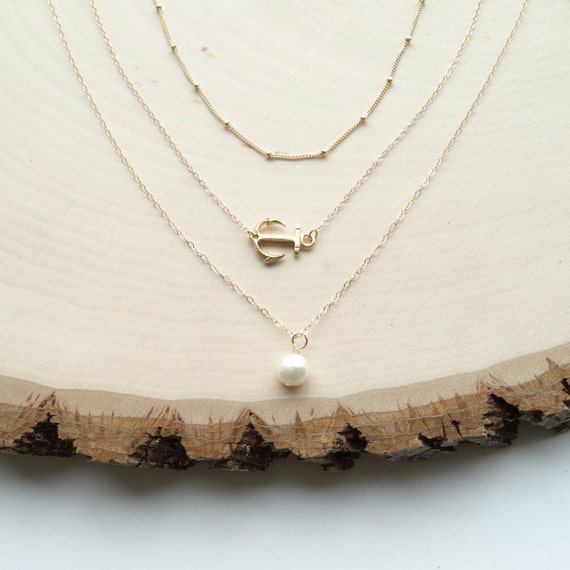 Pearl Necklace, Anchor Necklace, Gold Layer Necklace, Simple Minimal Necklace, 14k Gold Filled Chain, Delicate Chain, Three Layer Necklace