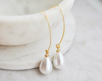 Long Pearl Earrings Gold, Simple Gold Pearl Dangle Earring, Large Pearl Earring, Wedding Earring, Bridesmaid Earring, White Pearl Earring