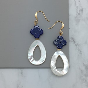 Lapis Earrings, Trefoil Earrings, Mother of Pearl Earrings, Dangle Earrings, Teardrop Earrings, Wedding Earrings, Bridesmaid Gift for Her