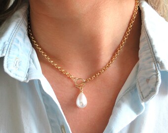 Single Pearl Necklace White, White Pearl Teardrop Necklace Toggle, Pearl Pendant, Dainty Pearl Gold Chain, Wedding Necklace, Solitaire Pearl