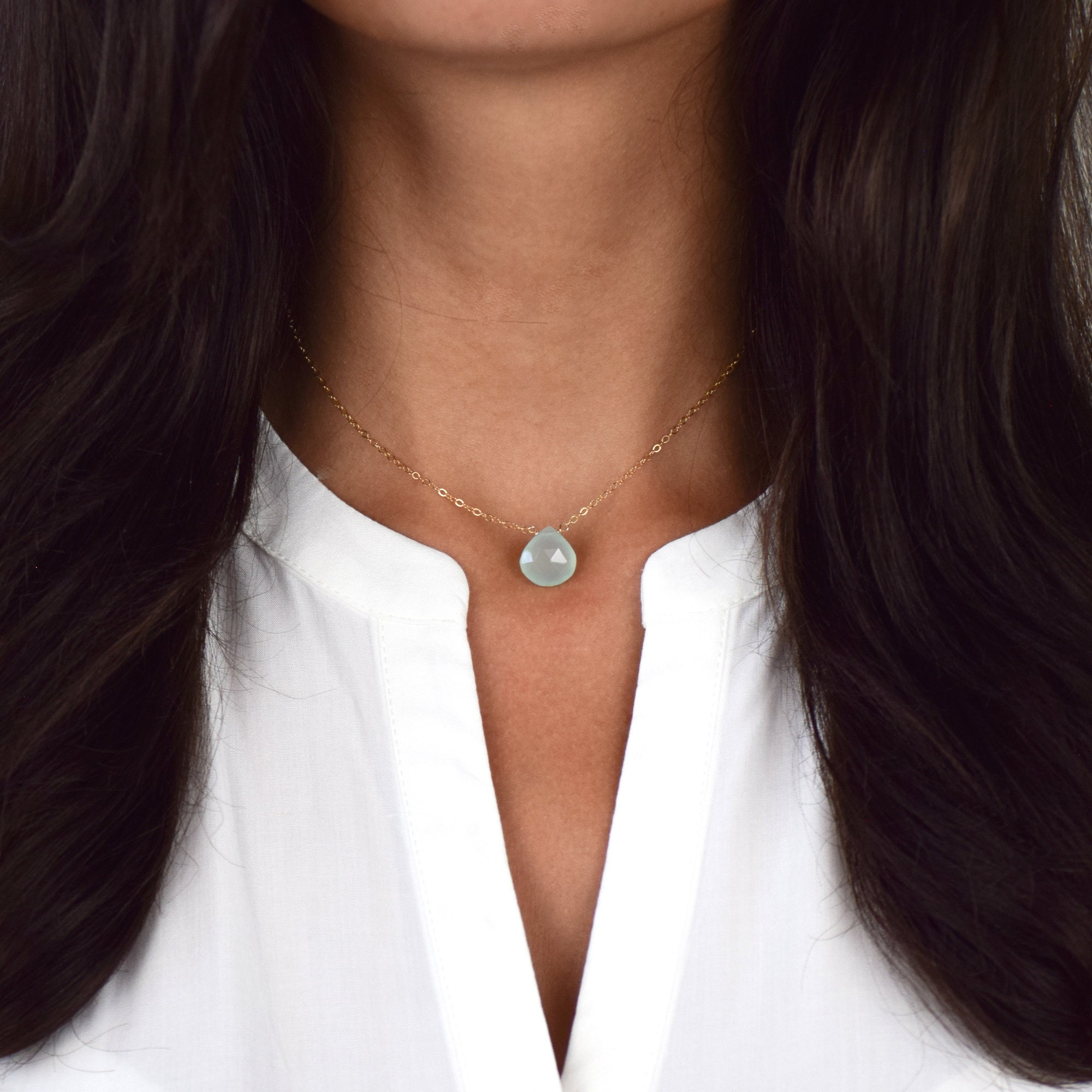 Dainty Chalcedony Necklace, Aqua Chalcedony Pendant, Blue Chalcedony Jewelry, Gold Chalcedony Pendant, Simple Chalcedony