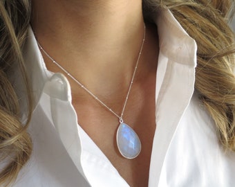 Large Silver Moonstone Pendant, Rainbow Moonstone Necklace Silver, Silver Satellite Chain, Moonstone Teardrop Pendant, Moonstone Jewelry