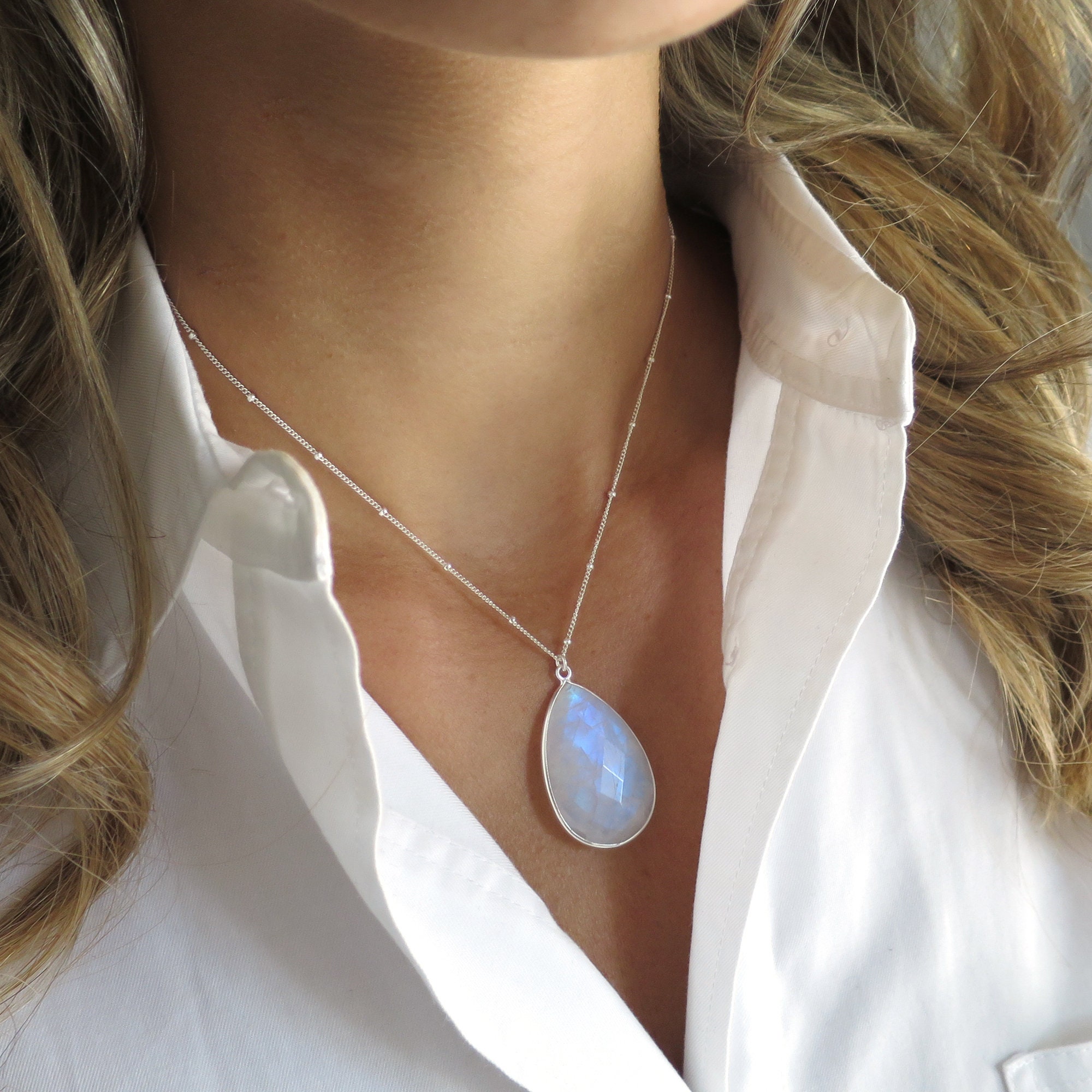 Kiva Store  Rainbow Moonstone and Sterling Silver Beaded Necklace -  Transcendent Beauty