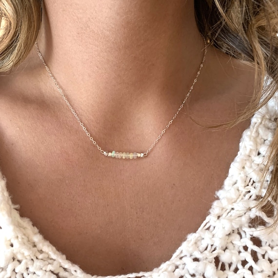 Dainty Opal Bar Necklace Silver Opal 