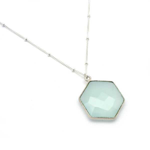 Siver Hexagon Necklace, Sterling Silver Necklace, Silver Satellite Chain, Blue Chalcedony Necklace, Blue Hexagon Pendant, Aqua Chalcedony