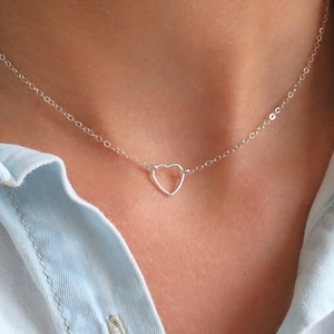 Choker Heart Necklace Silver, Dainty Silver Heart Necklace, Open Heart Pendant, Small Heart Pendant Necklace, Suspended Heart Necklace Love