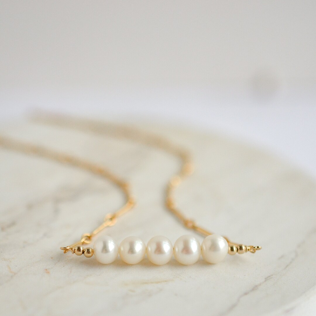 Gold Pearl Necklace, Five Pearl Bar Necklace Gold Filled, Pearl Necklace for Women, Dainty Pearl ...