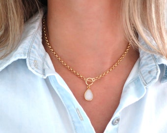 Toggle Necklace Gold Moonstone, Moonstone Necklace Toggle Clasp Gold, Chunky Necklace, Thick Gold Chain Gold Filled 14k, Moonstone Pendant