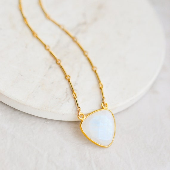 Rainbow Moonstone Necklace, Dainty Moonstone Pendant, Gold Moonstone Jewelry, Gold Bar Chain, Simple Moonstone Gift for Women