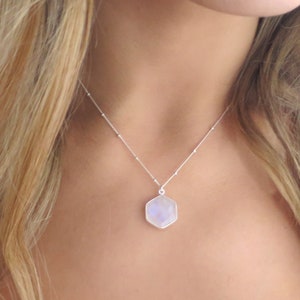 Silver Moonstone Necklace Hexagon, Hexagon Moonstone Pendant Silver, Dainty Silver Necklace Satellite Chain Silver, Rainbow Moonstone